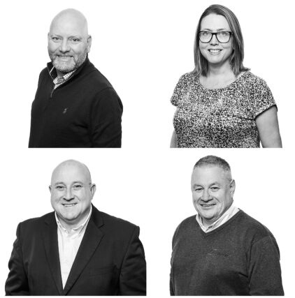 A black and white collage of portraits featuring two men and two women.